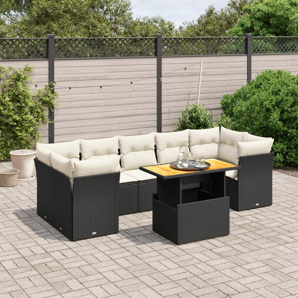 Salon de jardin 8 pcs avec coussins noir résine tressée