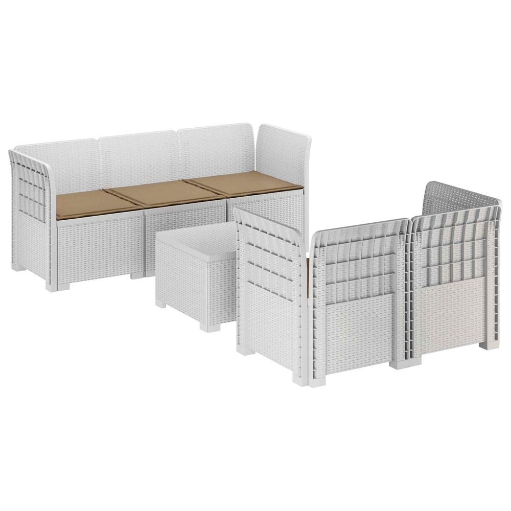Canapé de jardin 5 places avec coussins aspect rotin pp blanc