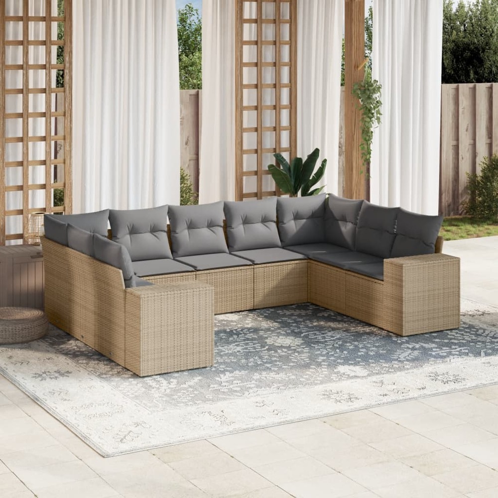 Salon de jardin avec coussins 9 pcs beige résine tressée