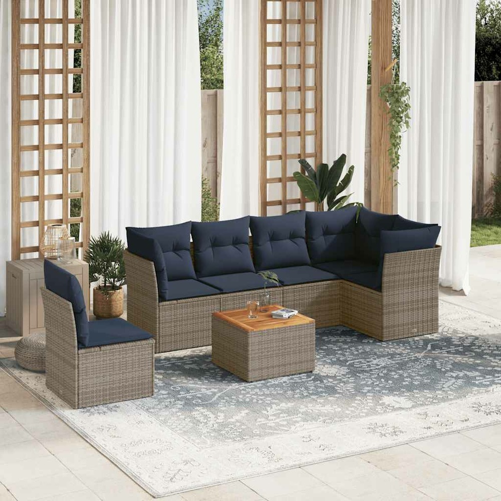 Salon de jardin 7 pcs avec coussins gris résine tressée