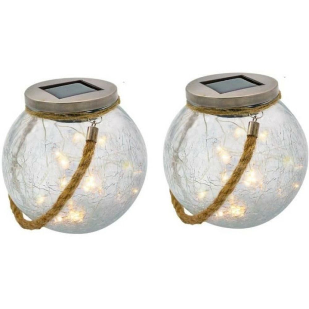 Lot de 2 boules solaires - - crack ball cord - h13 cm - verre craquelé a poser - poignée corde micro - led blanc chaud