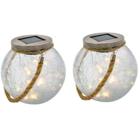 Lot de 2 boules solaires - - crack ball cord - h13 cm - verre craquelé a poser - poignée corde micro - led blanc chaud