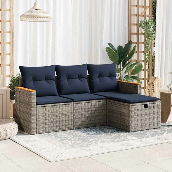 Salon de jardin 4 pcs avec coussins gris résine tressée