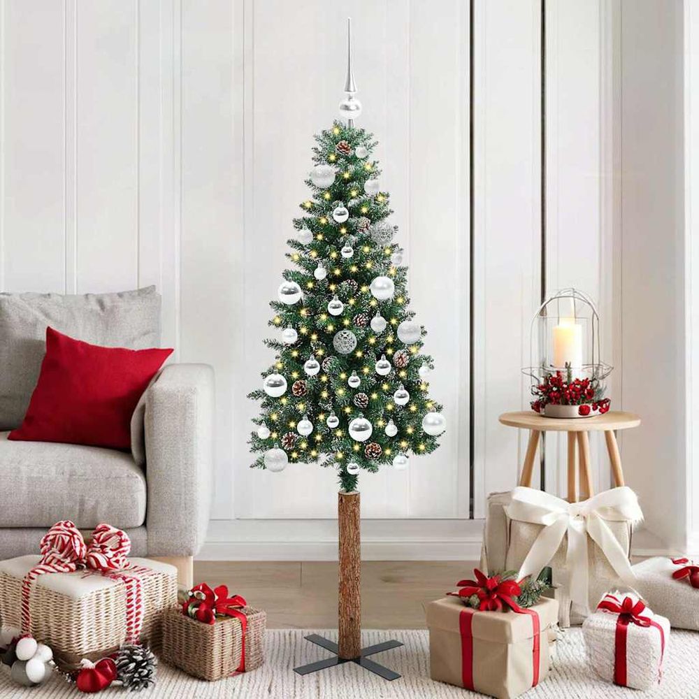 Sapin de noël artificiel gain de place 150 cm floqué, 150 led et déco complète