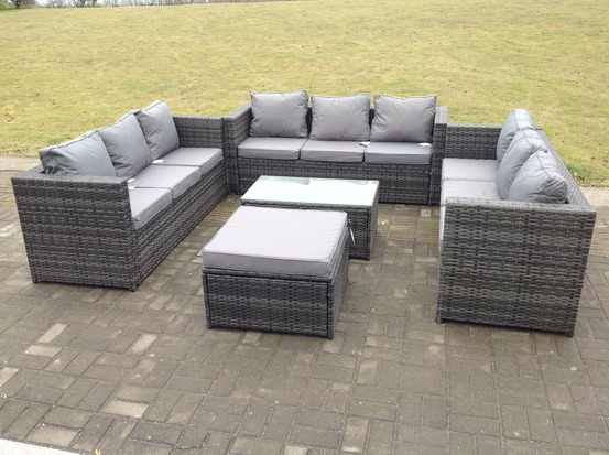 Outdoor rotin garden furniture lounge sofa set, table basse allongée avec grand tabouret de pied