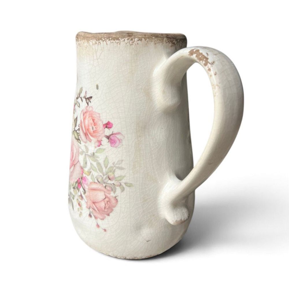 Pichet décoratif rose céramique beige 16x11x18cm