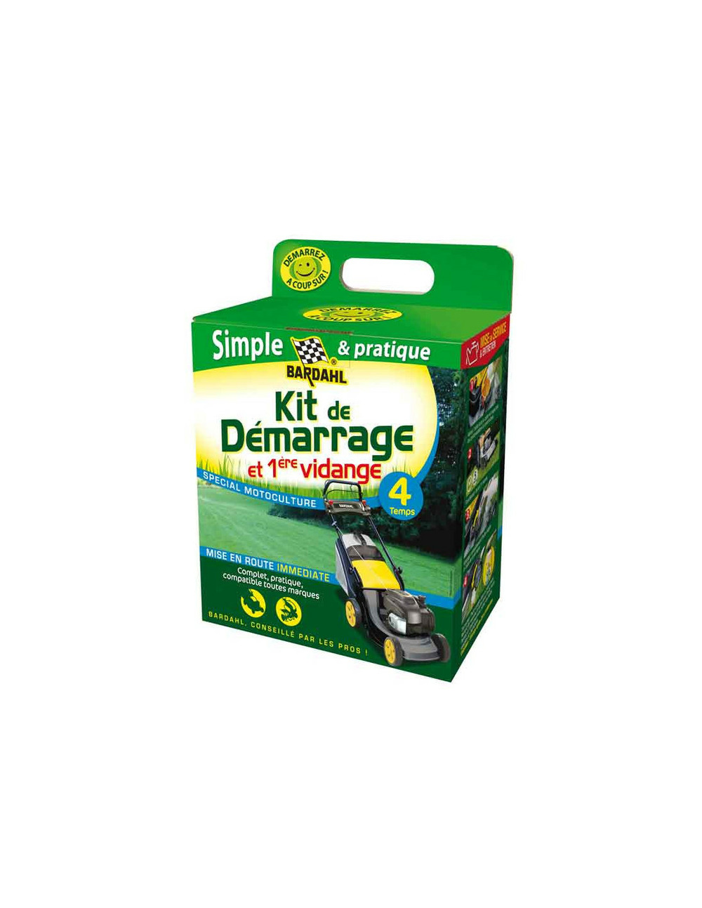 Kit de démarrage universel 4 temps bardahl pour tondeuse, composé de: 1 seringue de vidange, 2 bidon