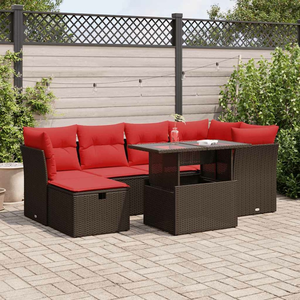 Salon de jardin avec coussins 7pcs marron résine tressée acacia