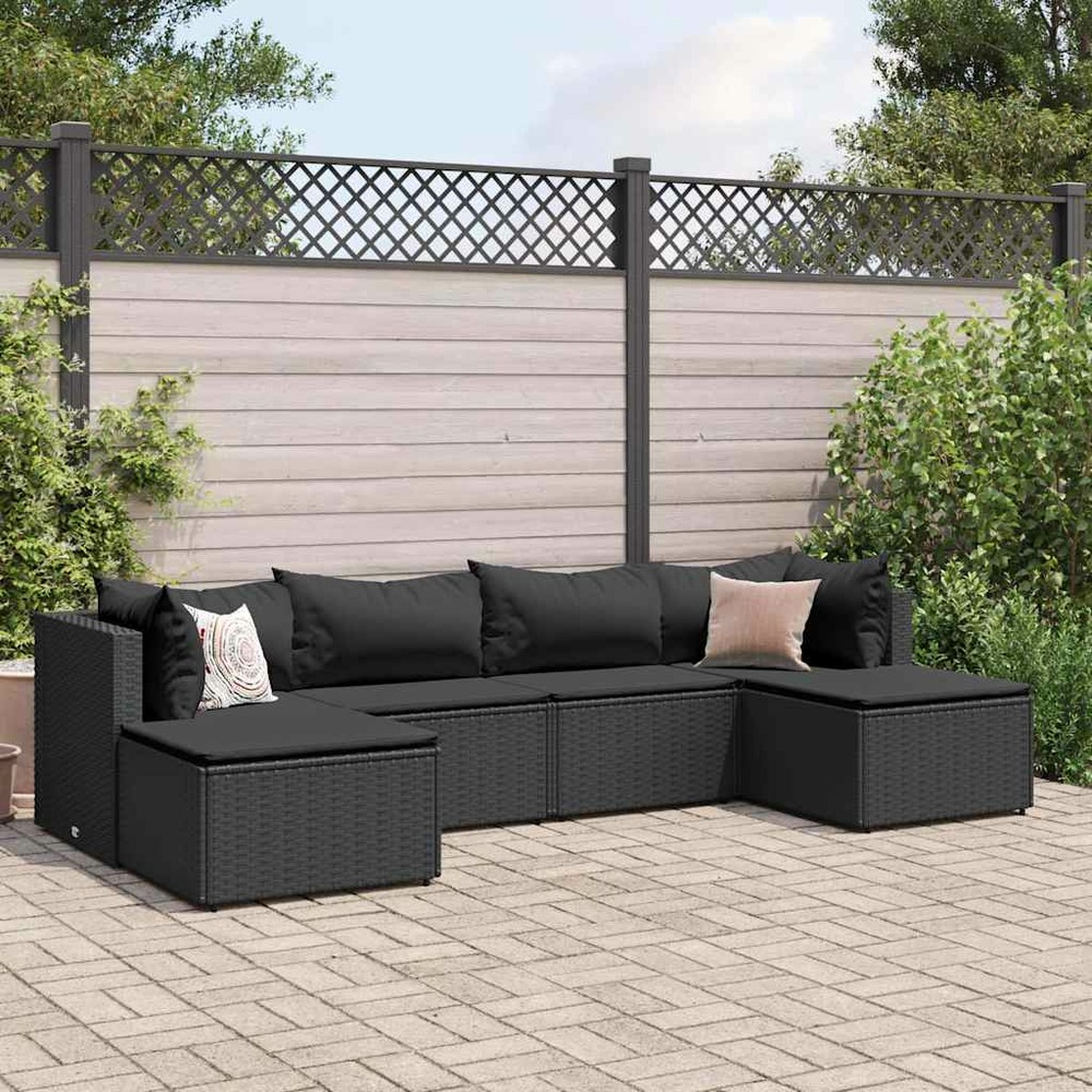 Salon de jardin 6 pcs avec coussins noir résine tressée
