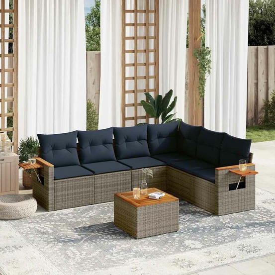 Salon de jardin 7 pcs avec coussins gris résine tressée
