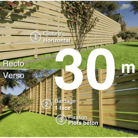 Kit clôture bois moderne 30m – h 2,3m – 21 x 145 mm autoclave vert – pose horizontal – simple face – à sceller