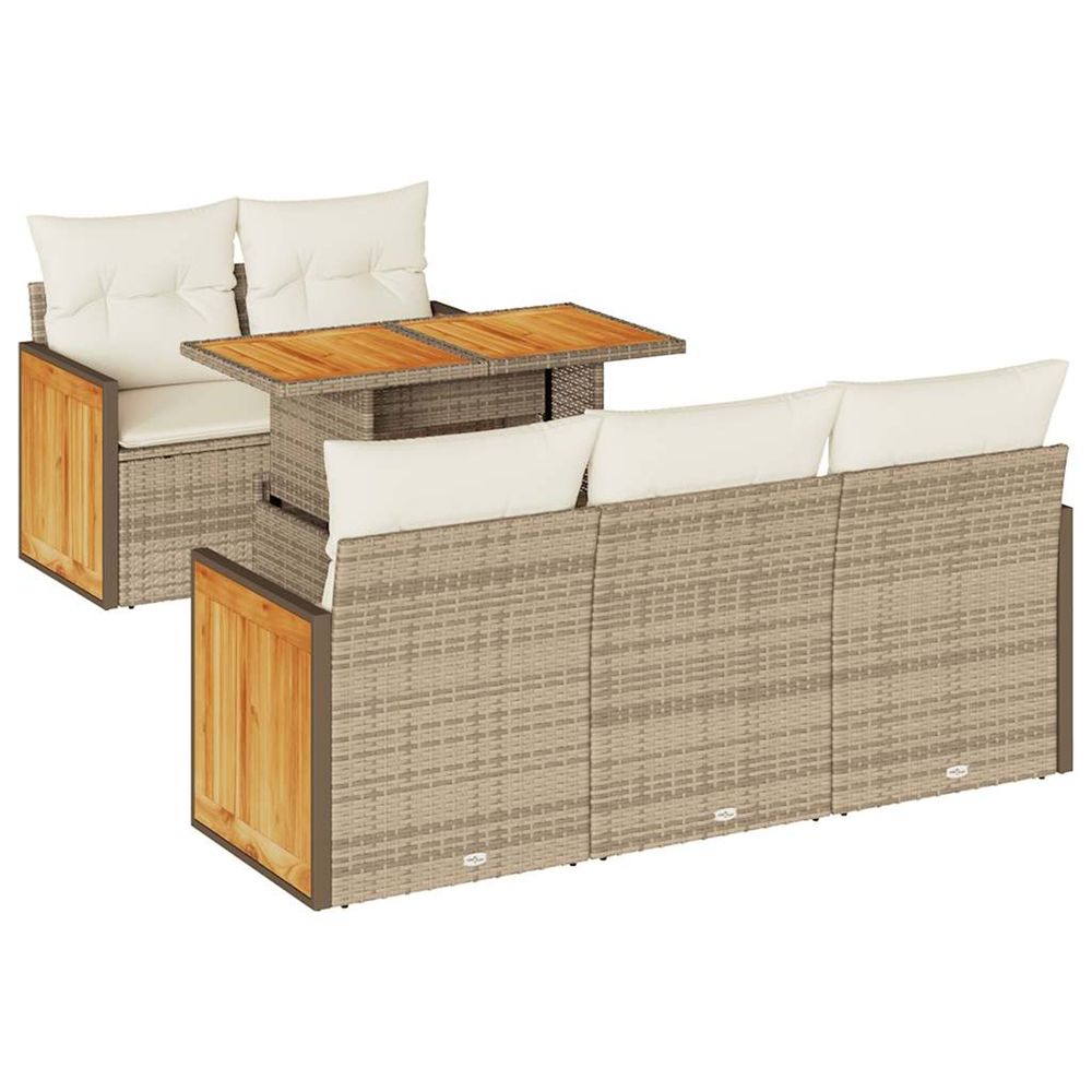 Salon de jardin 6 pcs avec coussins beige résine tressée acacia