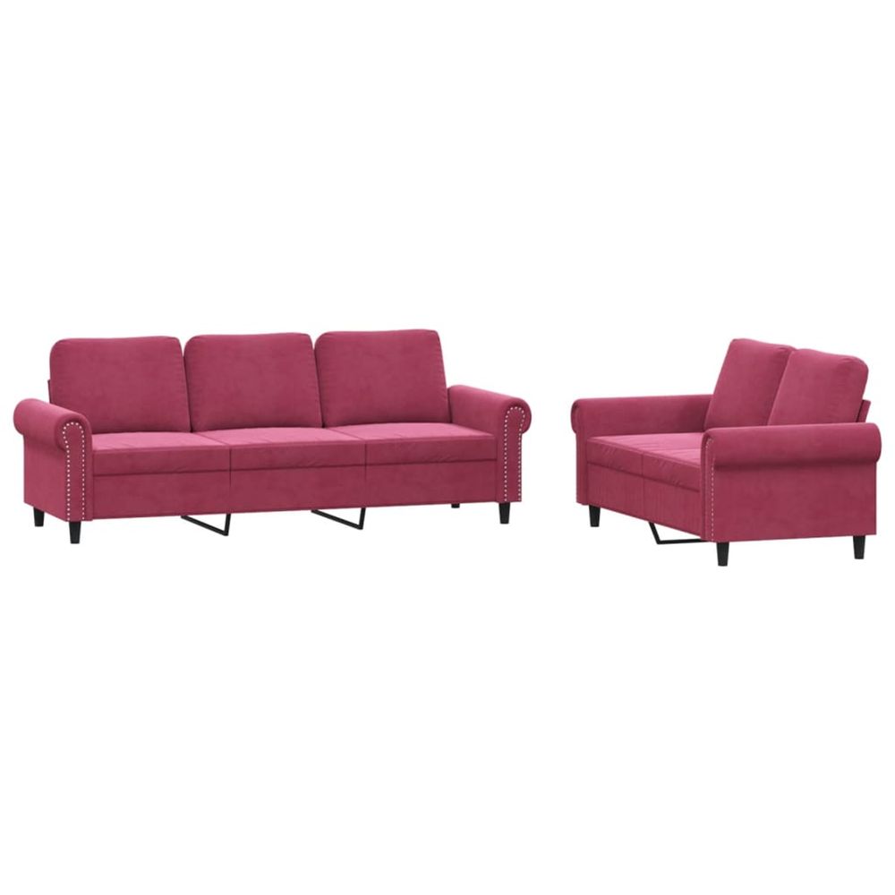 Ensemble de canapés 2 pcs avec coussins rouge bordeaux velours
