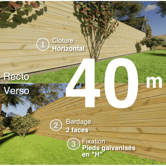 Kit clôture bois moderne 40m – h 1,9m – 21 x 130 mm autoclave vert – pose horizontal – double face – support galva