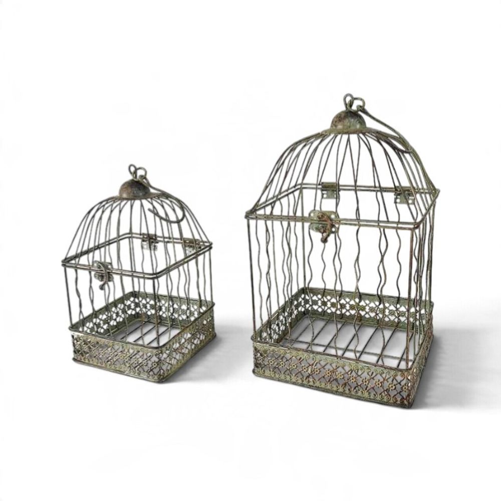 Ensemble 2 cages carrées suspendues vert patiné 18x18x40cm