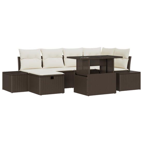 Ensemble de canapé de jardin 7 pièces avec coussins marron poly rattan