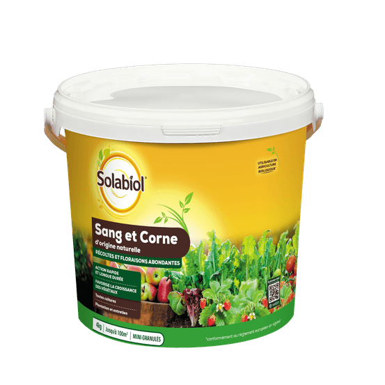 Solabiol engrais sang et corne - 4kg - jusqu'à 100m² - effet rapide (sang) & longue durée (corne) - facile a épandre