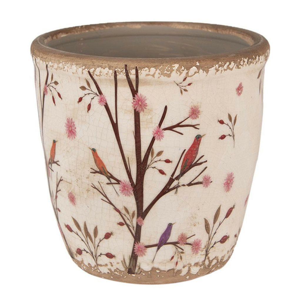 Pot de fleurs d'intérieur beige et marron en céramique motifs branches 16x16cm
