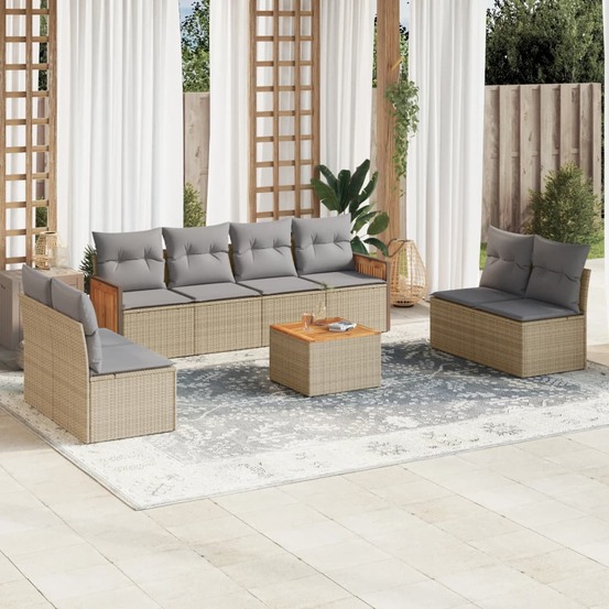 Salon de jardin avec coussins 9 pcs beige résine tressée