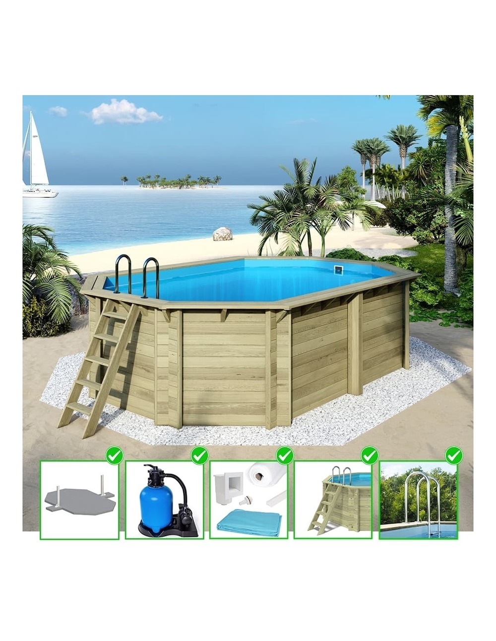 Piscine en bois nemo 5,79x3,49 - h.1,45 m fixations à visser - bas7304ospl - altanka