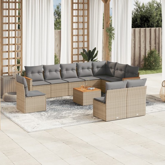 Salon de jardin 11 pcs avec coussins beige résine tressée