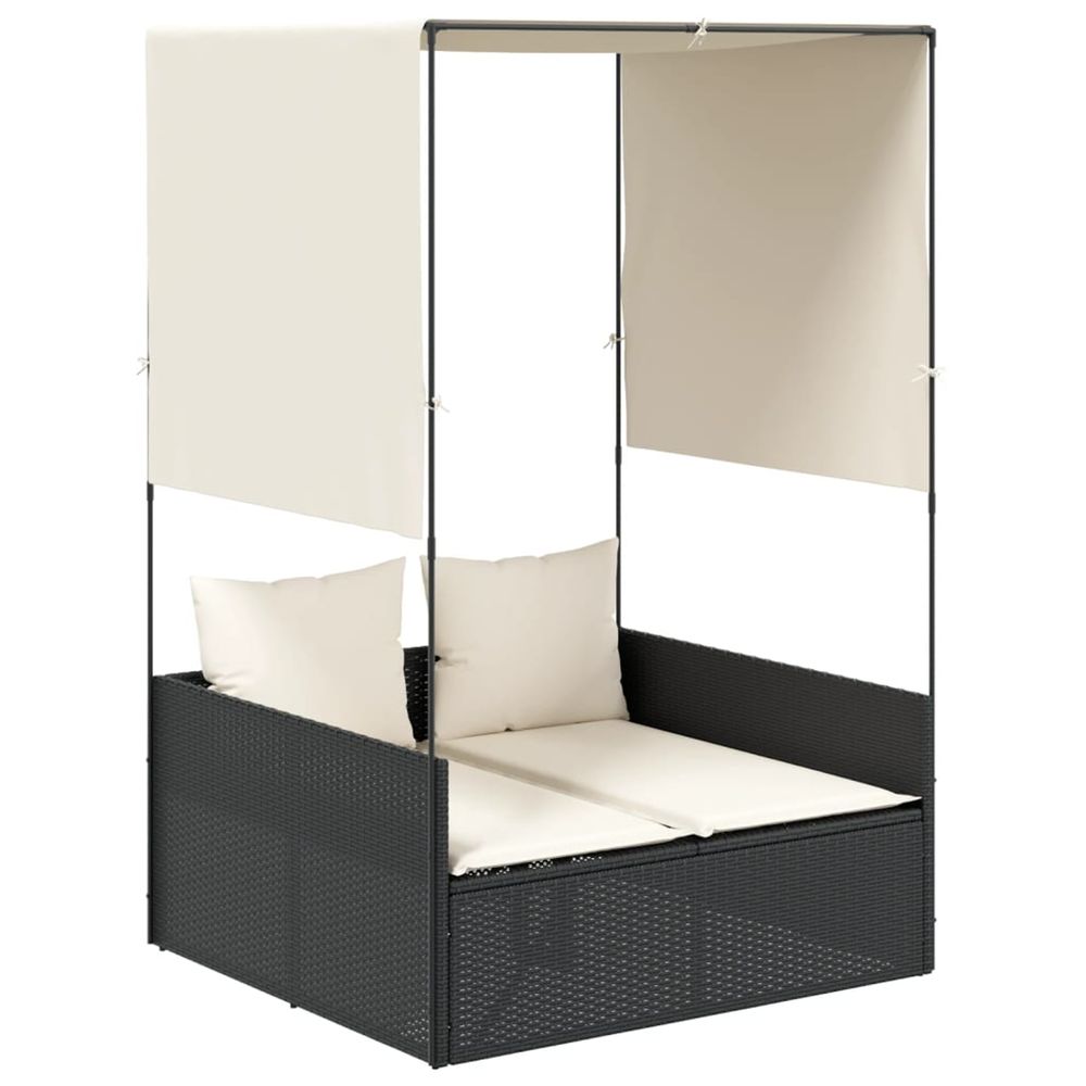 Chaise longue double avec toit et rideaux noir résine tressée bain de soleil