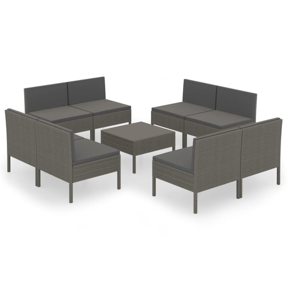 Salon de jardin 9 pcs avec coussins résine tressée gris