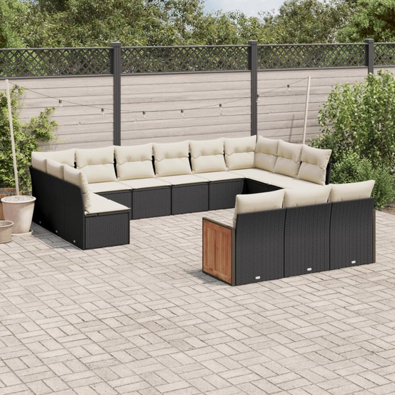 Salon de jardin avec coussins 13 pcs noir résine tressée