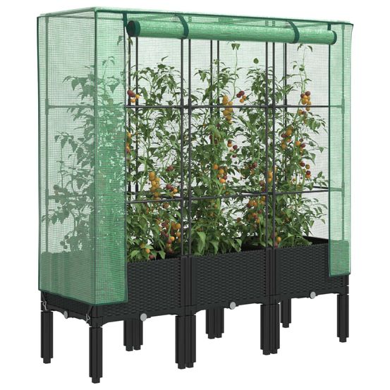 Grand bac potager sur pieds 120cm avec serre aspect rotin noir