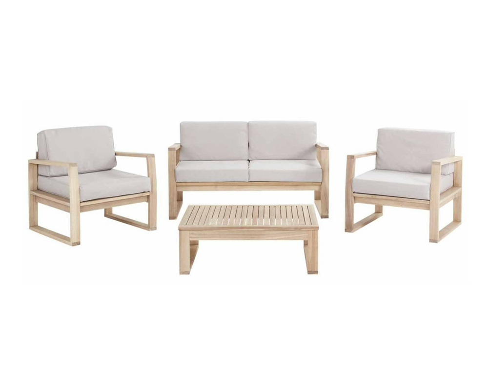 Brisbane - salon bas de jardin 4 places - en bois et coussins beiges déhoussables