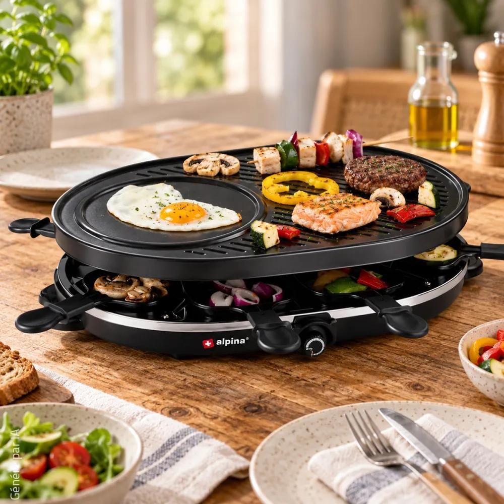 Grill et raclette alpina gourmet 8 personnes 1200w 47x12x32cm