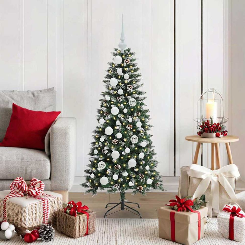 Sapin artificiel enneigé 120 cm tout-en-un, guirlande 150 led et décorations complètes usb
