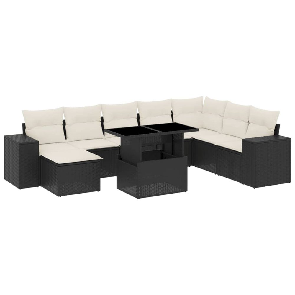 Salon de jardin 9 pcs avec coussins noir résine tressée