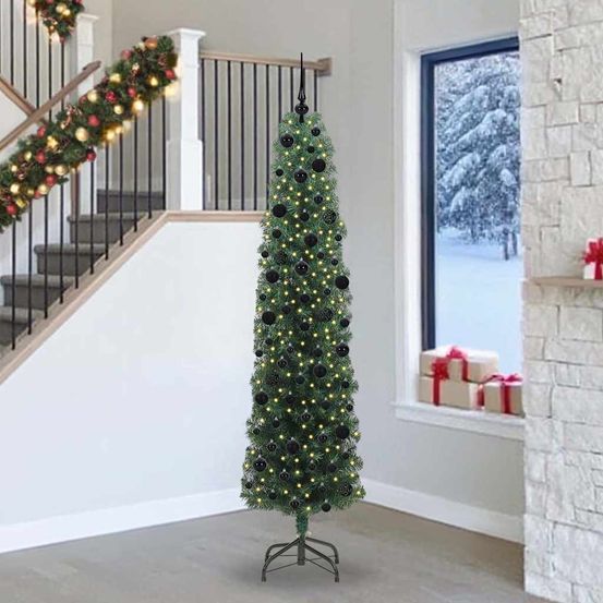 Sapin de noël lumineux 240 cm vert, kit prêt à l'emploi avec guirlande led et 120 décorations