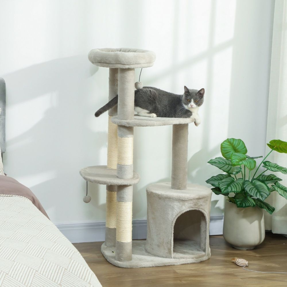 Arbre à chat 114 cm avec niche griffoirs sisal et plateformes multi-niveaux gris – comfortxl outdoor living