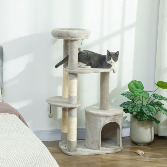 Arbre à chat 114 cm avec niche griffoirs sisal et plateformes multi-niveaux gris – comfortxl outdoor living