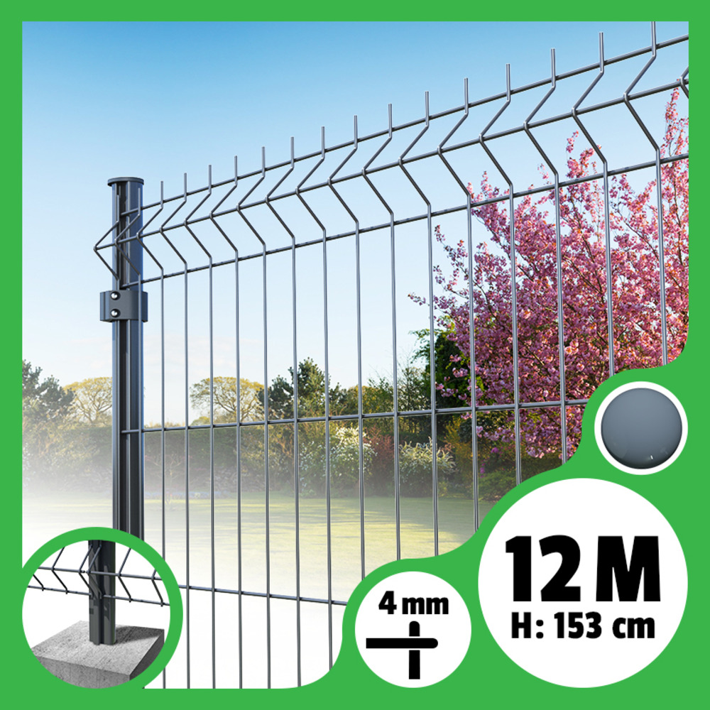 Kit grillage rigide poteaux ronds - longueur 12 mètres - 153 cm, gris anthracite, a sceller