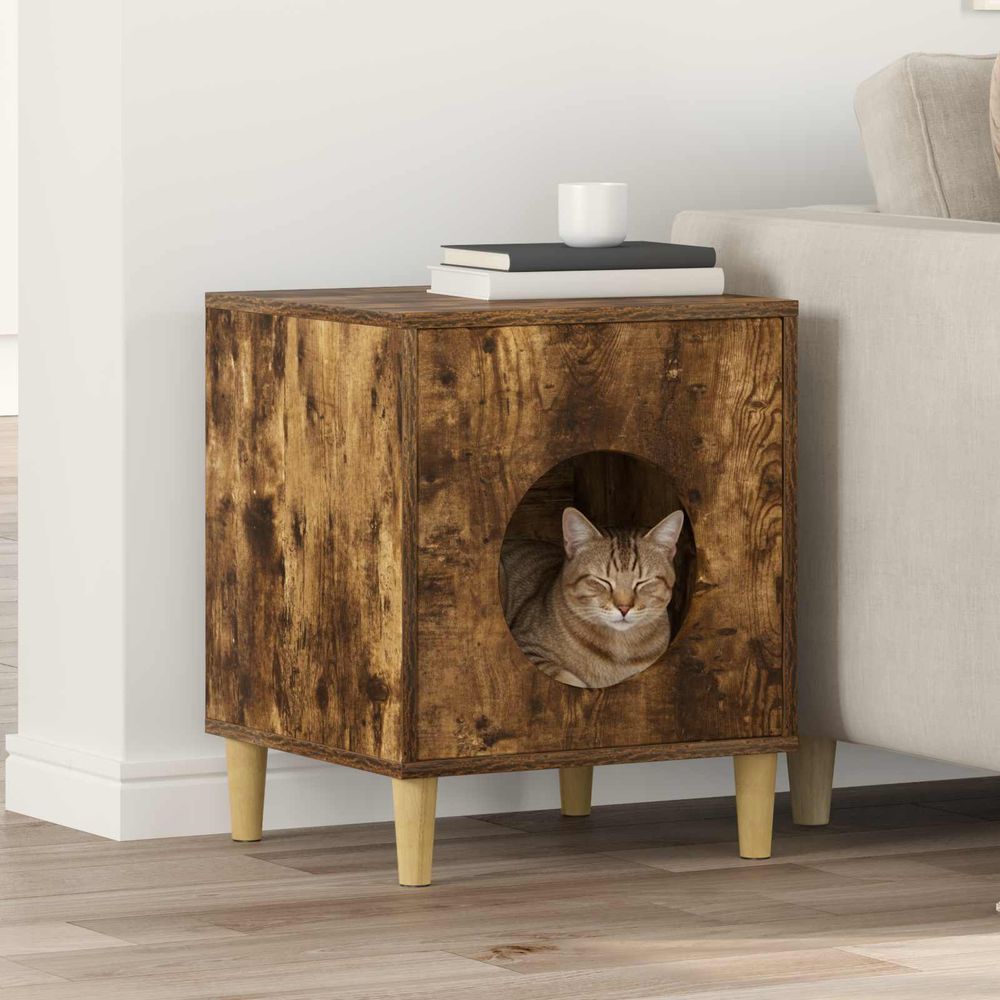 Cube chat design chêne fumé repos brun 53cm pour chat timide cachette