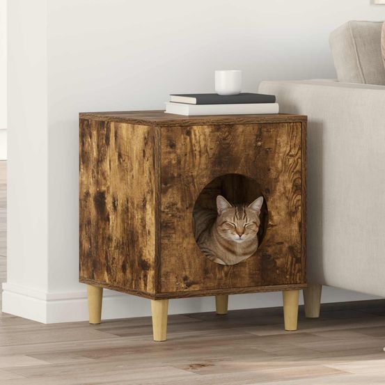 Cube chat design chêne fumé repos brun 53cm pour chat timide cachette