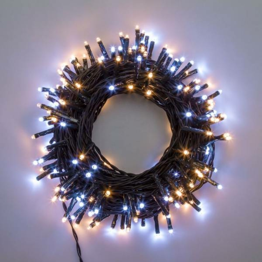 Guirlande lumineuse bicolore 13m 180mini led blanc chaud et blanc froid câble vert 8 jeux de lumière lotti