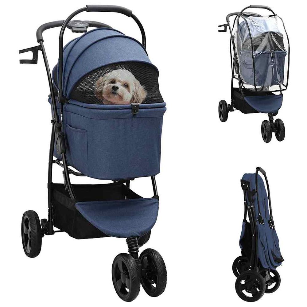 Poussette pliable pour animaux tissu oxford avec housse de pluie bleu 78cm