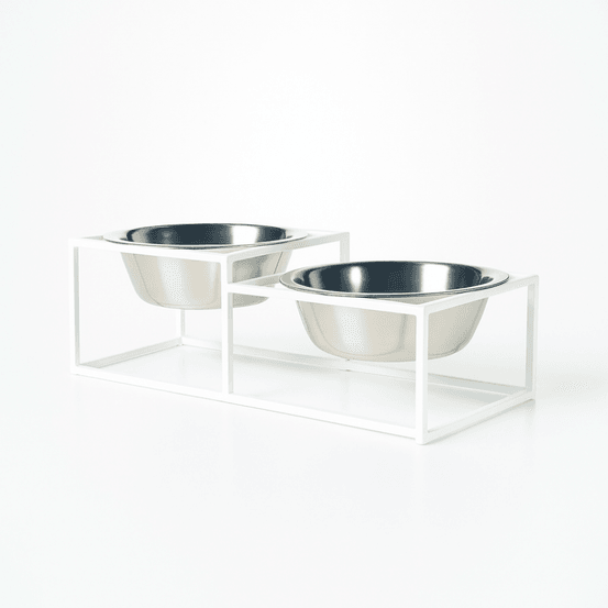 Kum - set de 2 gamelles surélevées pour chien en acier, socle filaire métal blanc, 32x16x12cm