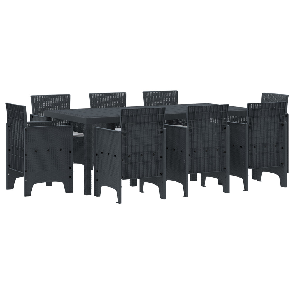 Ensemble de repas de jardin 9 pièces avec coussins anthracite en poly rattan