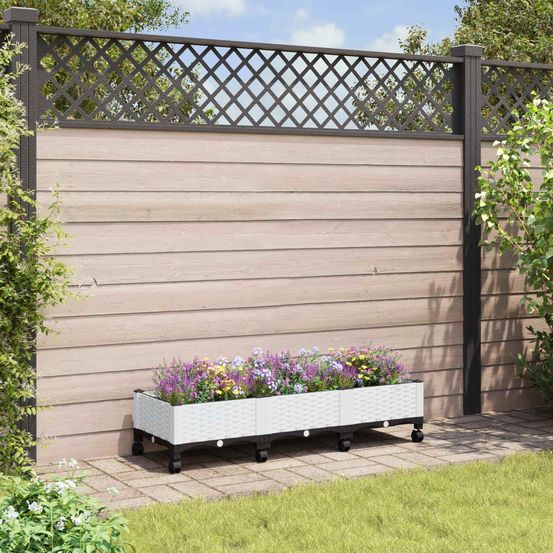 Bac plante rectangulaire roulettes terrasse extérieur drainage 120x40x33cm blanc