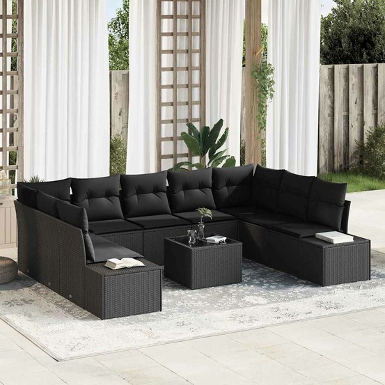 Ensemble de canapé de jardin avec coussin 10 pcs noir polyrotin