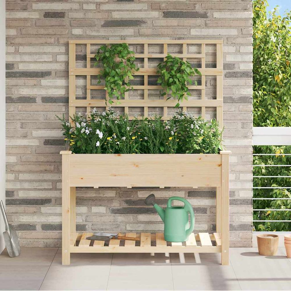 Jardinière bois avec treillis et étagère pour plantes grimpantes 115cm beige
