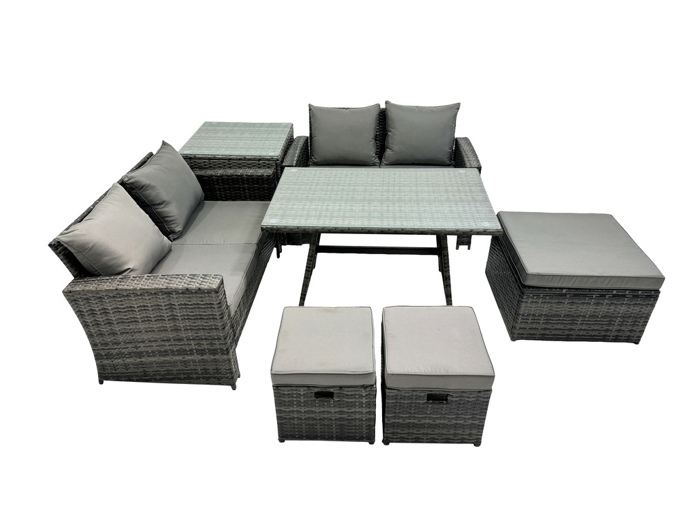 7 places ensemble de canapé en rotin extérieur avec table à manger canapé à deux places 3 tabourets table d'appoint gris foncé mixte