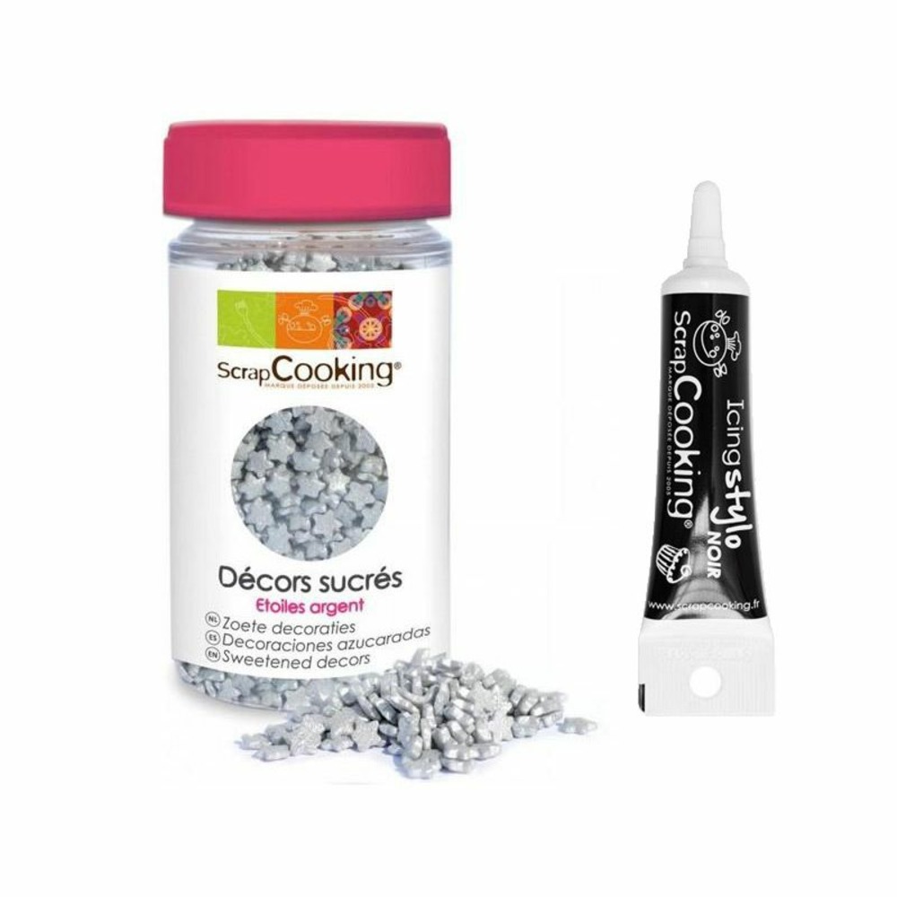 Décors sucrés étoiles argenté + stylo de glaçage noir
