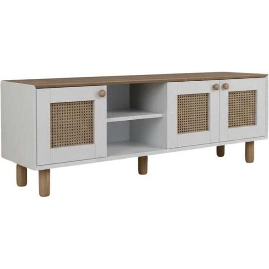 Meuble tv 3 portes en aggloméré bohemian blanc et chêne avec cannage