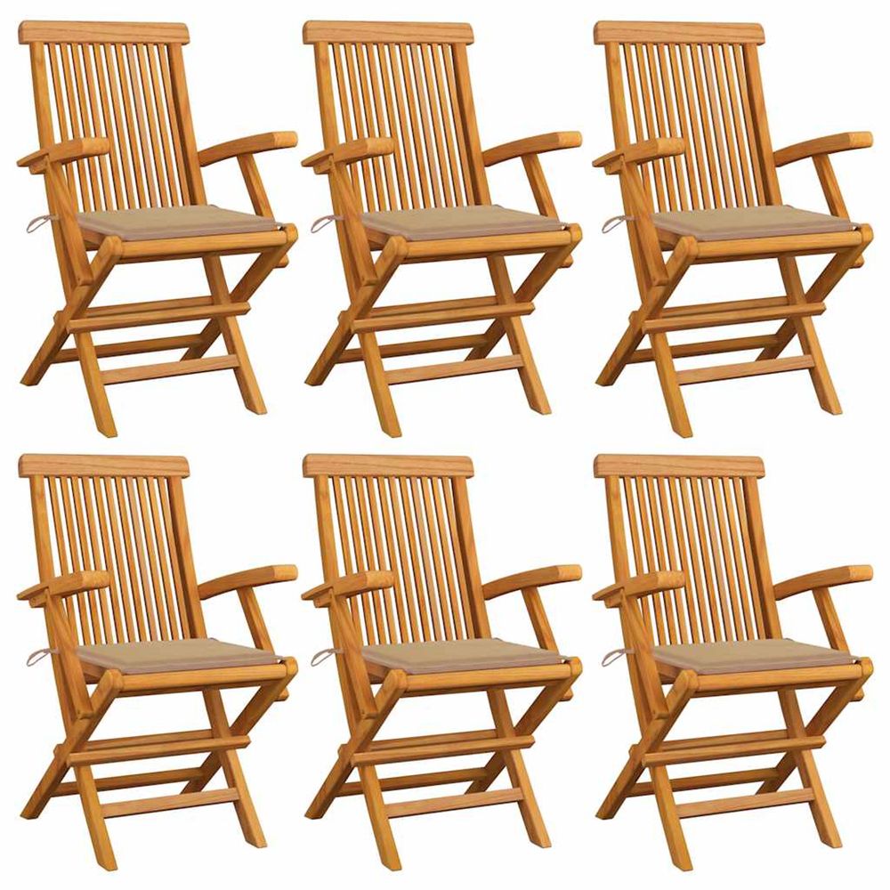 Chaises pliantes avec coussins beiges, 6 pièces, en teck massif